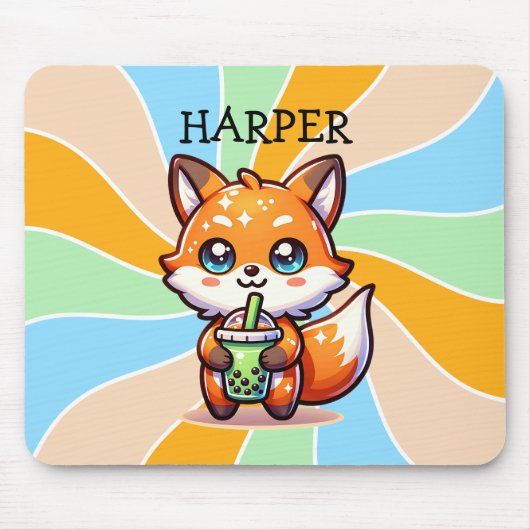 Schattigee Kawaii Fox met Bubble Tea Gepersonalise Muismat (Voorkant)