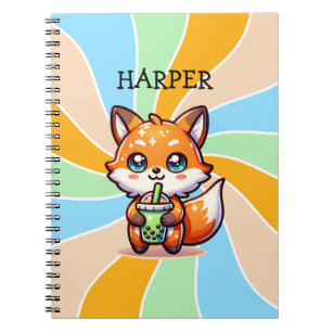 Schattigee Kawaii Fox met Bubble Tea Gepersonalise Notitieboek