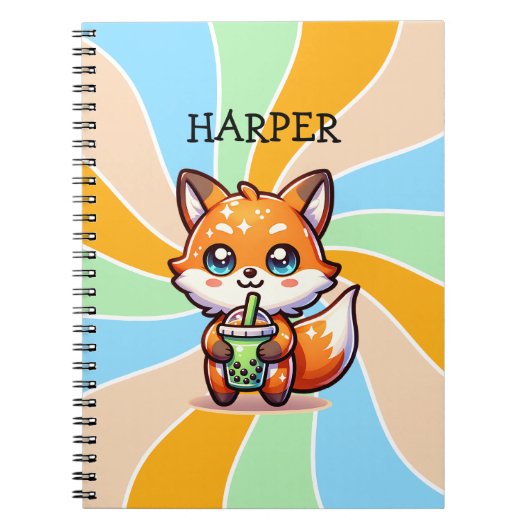 Schattigee Kawaii Fox met Bubble Tea Gepersonalise Notitieboek (Voorkant)