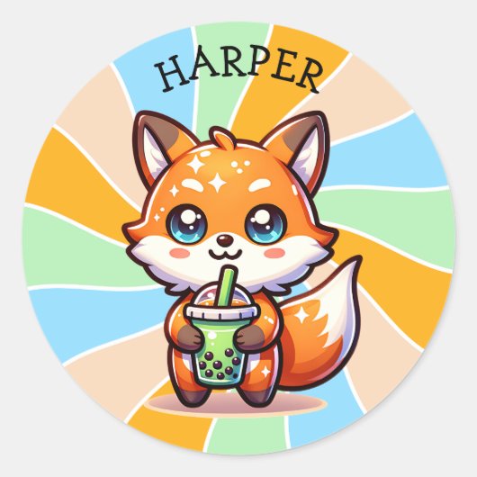 Schattigee Kawaii Fox met Bubble Tea Gepersonalise Ronde Sticker (Voorkant)