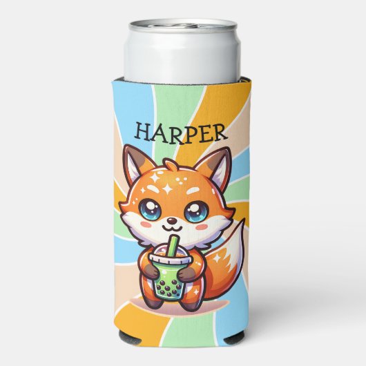 Schattigee Kawaii Fox met Bubble Tea Gepersonalise Seltzer Blikjeskoeler (Seltzer Achterkant)