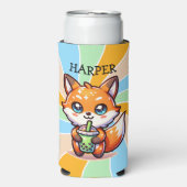 Schattigee Kawaii Fox met Bubble Tea Gepersonalise Seltzer Blikjeskoeler (Seltzer Voorkant)