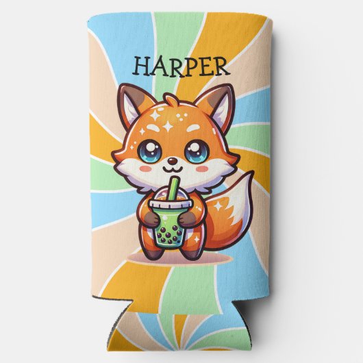 Schattigee Kawaii Fox met Bubble Tea Gepersonalise Seltzer Blikjeskoeler (Achterkant)