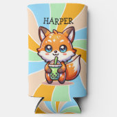 Schattigee Kawaii Fox met Bubble Tea Gepersonalise Seltzer Blikjeskoeler (Voorkant)