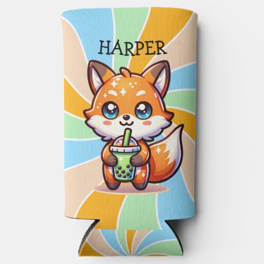 Schattigee Kawaii Fox met Bubble Tea Gepersonalise Seltzer Blikjeskoeler (Voorkant)