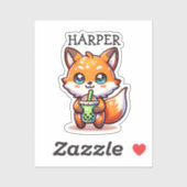 Schattigee Kawaii Fox met Bubble Tea Gepersonalise Sticker (Vel)