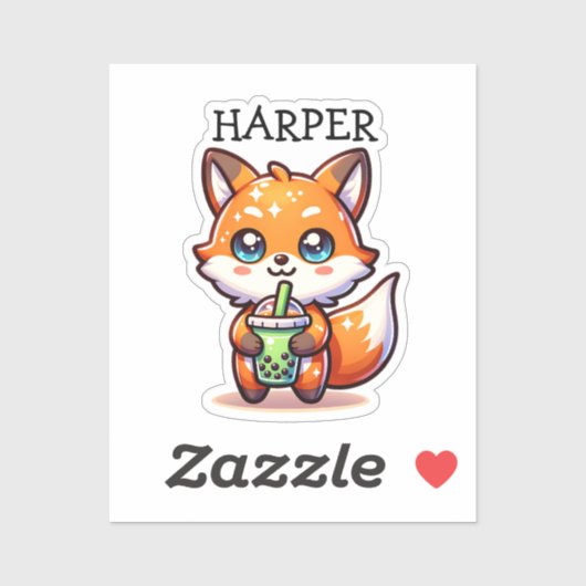 Schattigee Kawaii Fox met Bubble Tea Gepersonalise Sticker (Vel)
