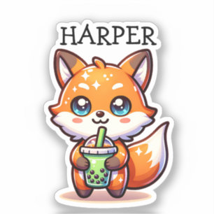 Schattigee Kawaii Fox met Bubble Tea Gepersonalise Sticker