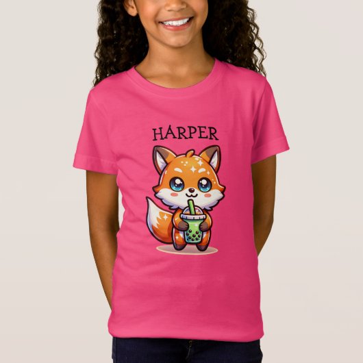 Schattigee Kawaii Fox met Bubble Tea Gepersonalise T-shirt (Voorkant)