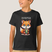 Schattigee Kawaii Fox met Bubble Tea Gepersonalise T-shirt (Voorkant)