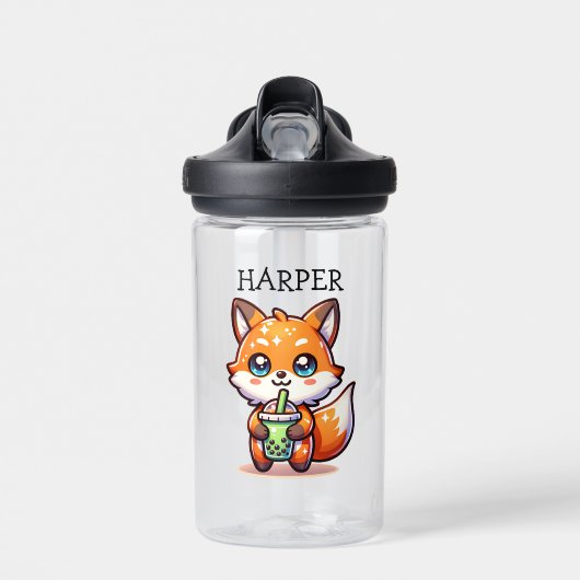 Schattigee Kawaii Fox met Bubble Tea Gepersonalise Waterfles (Voorkant)