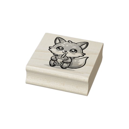 Schattigee Kawaii Fox met Bubble Tea Rubberstempel (Stempel)