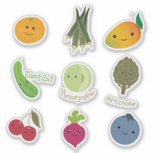Schattigee Kawaii Frutis en Groenten Sticker Set (Voorkant)