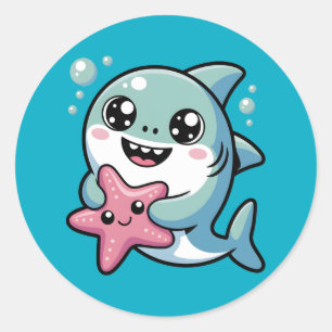 Schattigee kawaii haai & zeester ronde sticker