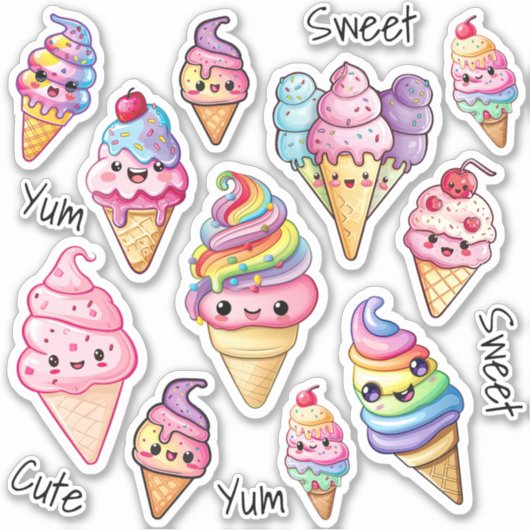 Schattigee Kawaii Ice Cream Kinder Sticker (Voorkant)