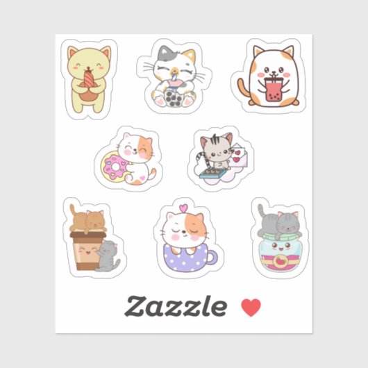 Schattigee kawaii kat eten fast-food stickers (Vel)