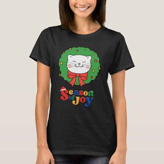 Schattigee Kawaii Kat Kerstkrans Seizoen van Joy T-shirt (Voorkant)