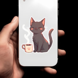 Schattigee Kawaii Kat met Koffiekopje Sticker