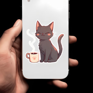 Schattigee Kawaii Kat met Koffiekopje Sticker