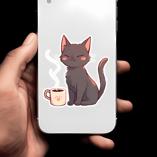 Schattigee Kawaii Kat met Koffiekopje Sticker