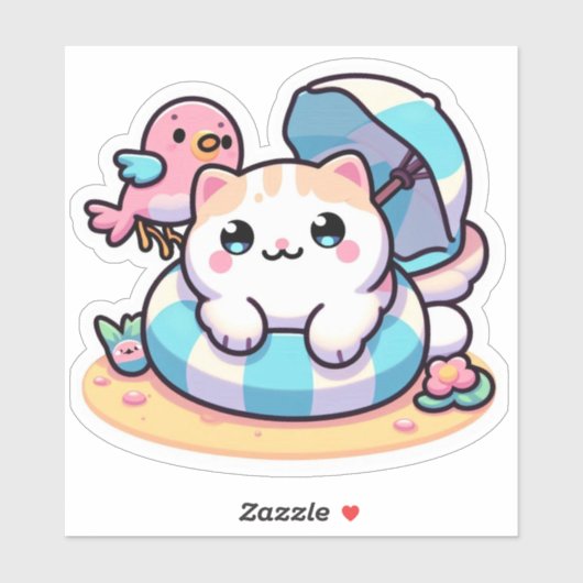 Schattigee kawaii kat op het strand sticker (Vel)