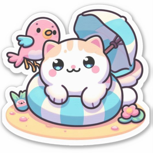 Schattigee kawaii kat op het strand sticker (Voorkant)