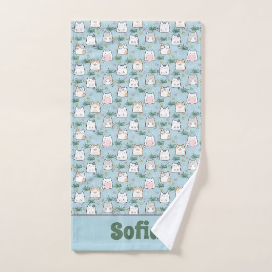 Schattigee kawaii kat patroon azuurblauwe naam bad handdoek (Handdoek)