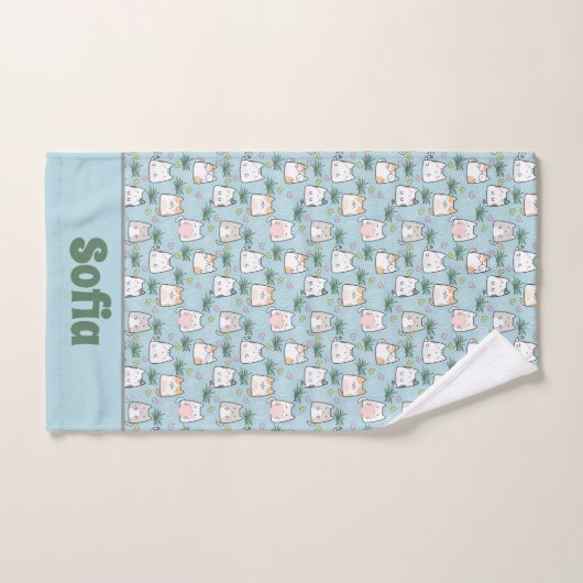 Schattigee kawaii kat patroon azuurblauwe naam bad handdoek (Handdoek)