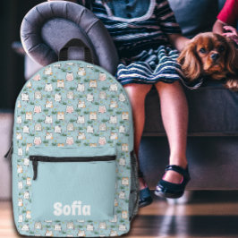 Schattigee kawaii kat patroon azuurblauwe naam bedrukte rugzak