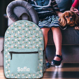 Schattigee kawaii kat patroon azuurblauwe naam bedrukte rugzak