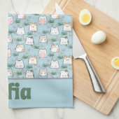Schattigee kawaii kat patroon azuurblauwe naam theedoek (Quarter Fold)