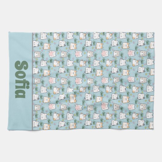 Schattigee kawaii kat patroon azuurblauwe naam theedoek (Horizontaal)