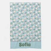Schattigee kawaii kat patroon azuurblauwe naam theedoek (Verticaal)