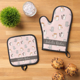 Schattigee Kawaii katten gepersonaliseerd Ovenwant & Pannenlap Set