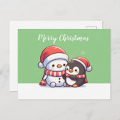Schattigee Kawaii Kerst Kaart met Sneeuwman (Voorkant / Achterkant)