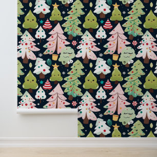 Schattigee Kawaii kerstbomen naadloos patroon Behang