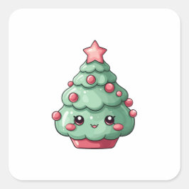 Schattigee Kawaii kerstboom met lachend gezicht Vierkante Sticker