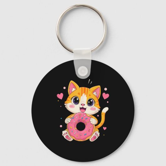 Schattigee Kawaii Kitten Holding Donut Grappig Gra Sleutelhanger (Voorkant)