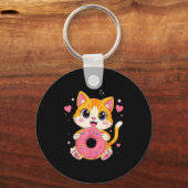 Schattigee Kawaii Kitten Holding Donut Grappig Gra Sleutelhanger (Voorkant)