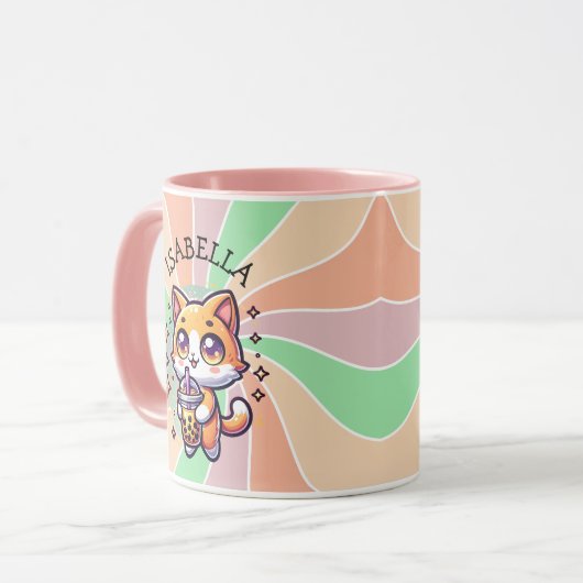 Schattigee Kawaii Kitten met Bubble Tea Gepersonal Mok (Voorkant links)