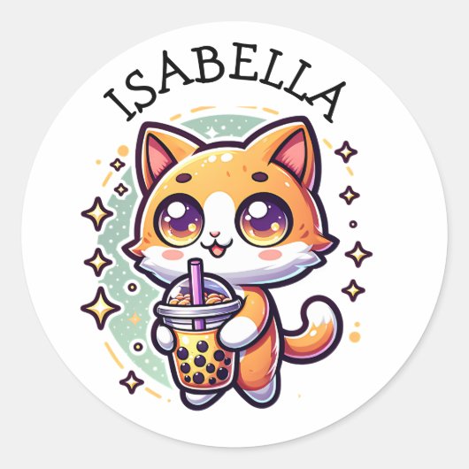 Schattigee Kawaii Kitten met Bubble Tea Gepersonal Ronde Sticker (Voorkant)