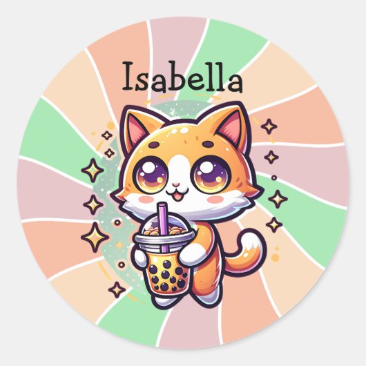 Schattigee Kawaii Kitten met Bubble Tea Gepersonal Ronde Sticker (Voorkant)