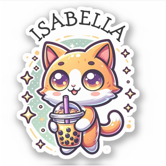 Schattigee Kawaii Kitten met Bubble Tea Gepersonal Sticker (Voorkant)