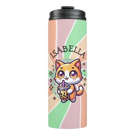 Schattigee Kawaii Kitten met Bubble Tea Gepersonal Thermosbeker (Voorkant)