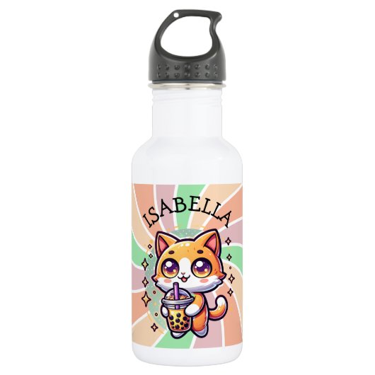 Schattigee Kawaii Kitten met Bubble Tea Gepersonal Waterfles (Voorkant)
