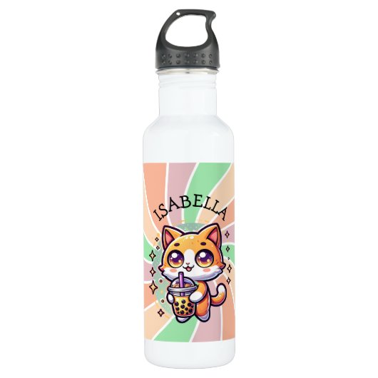 Schattigee Kawaii Kitten met Bubble Tea Gepersonal Waterfles (Voorkant)