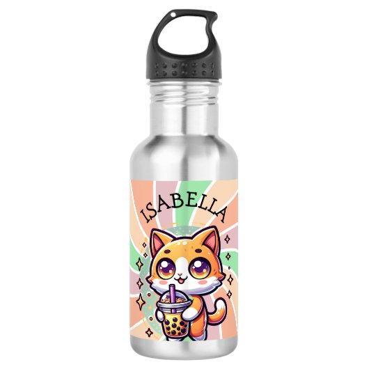 Schattigee Kawaii Kitten met Bubble Tea Gepersonal Waterfles (Voorkant)