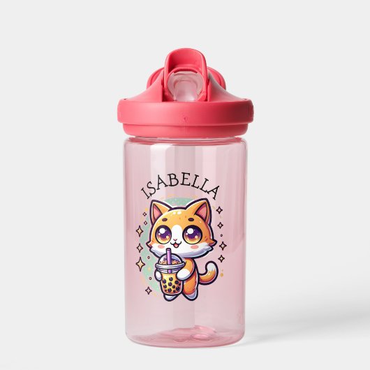 Schattigee Kawaii Kitten met Bubble Tea Gepersonal Waterfles (Voorkant)