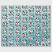 Schattigee kawaii kleine haai en zeester cadeaupapier (Vlak)
