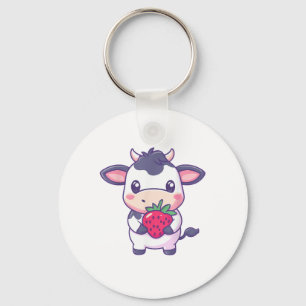 Schattigee kawaii Koe met aardbeien Schattig rund Sleutelhanger